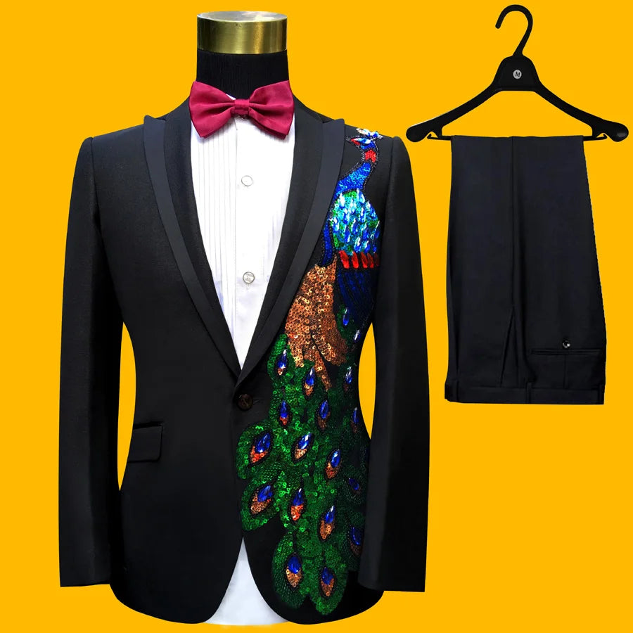 New Black Wedding Groom Tuxedos Suit Men Fashion Paillette Embroidered Male Singer Performance Party Prom Blazer Suit 4 Pcs
