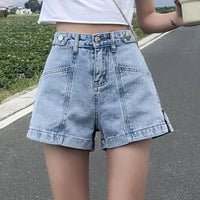 Denim Shorts Women Summer Hole High Waist A-line All-match Wide Leg Female Short Pants Fashion Loose Zipper Letter Streetwear