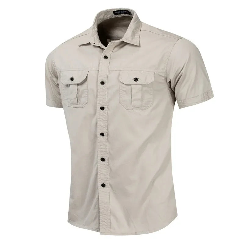 2023 New Mens Military Shirt Men Short Sleeve Cargo Shirts 100% Cotton Casual Solid Shirt Male Pocket Work Shirt