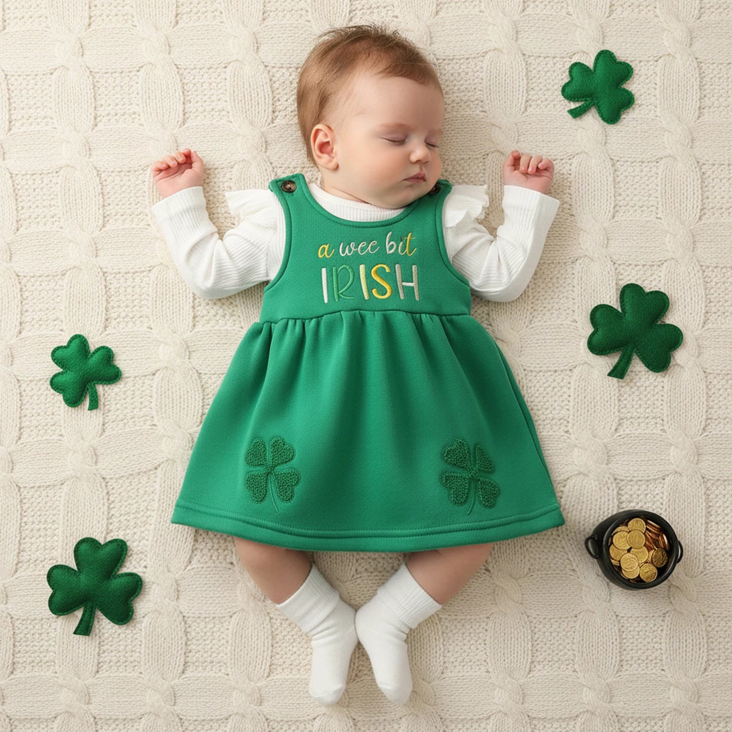 Baby Spring Clothes Solid Ribbed Long Sleeve Romper Letter Shamrock Embroidery Overalls Dress 2 Pcs Irish Outfits