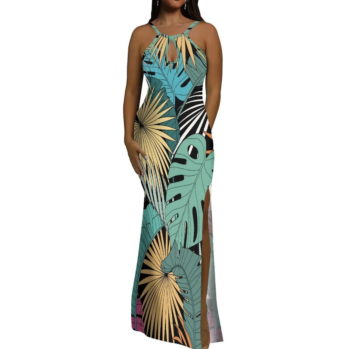 Halter Water Drop Floor-Length Dress For Polynesian Ladies Custom-Made Floral Pattern Evening Dress Stunning Summer Dress