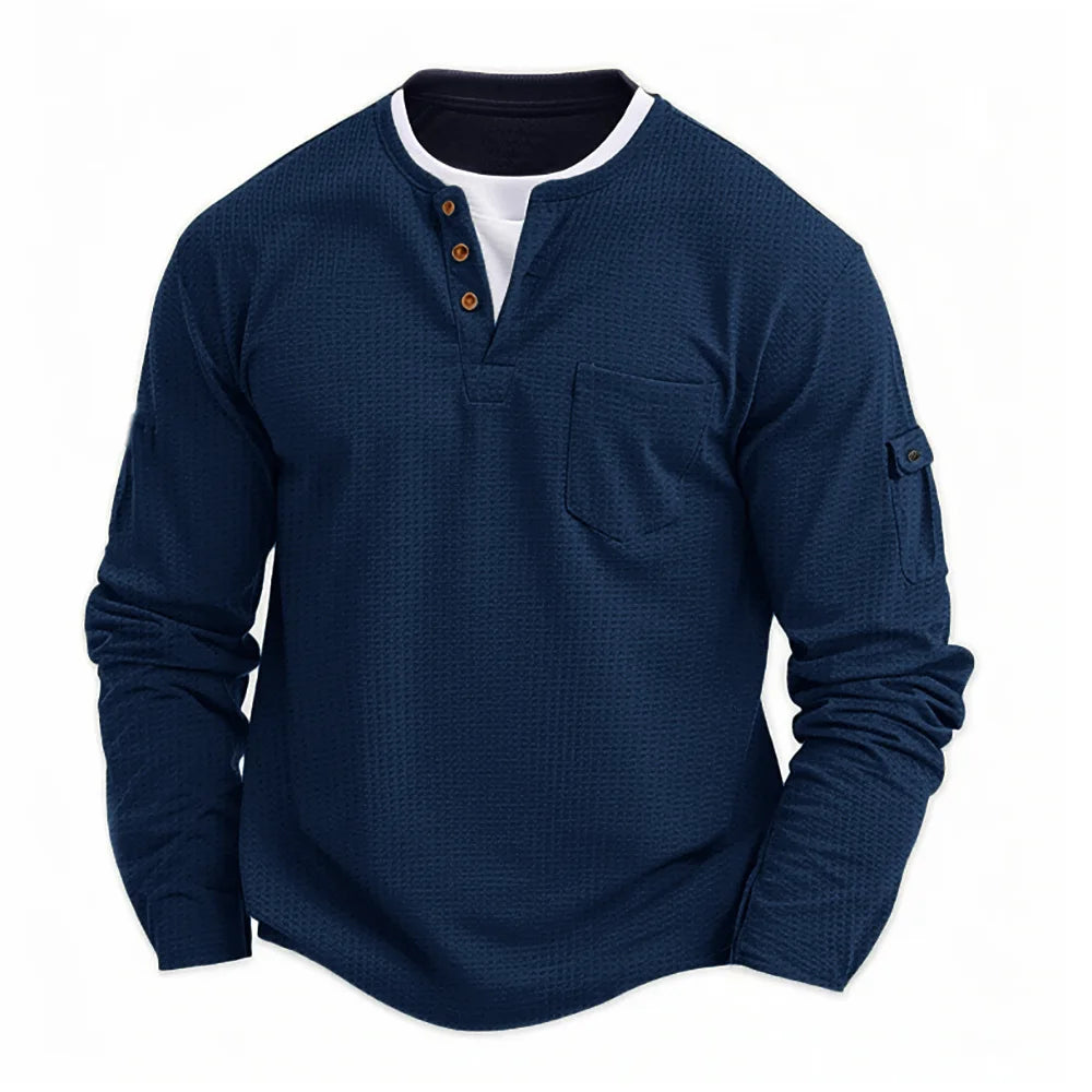 Men's New  Button Henley neck Shirt Long Sleeve Casual Button Solid color T-Shirt Fashion Waffle Cotton Fake two-piece T-Shirt