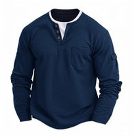 Men's New  Button Henley neck Shirt Long Sleeve Casual Button Solid color T-Shirt Fashion Waffle Cotton Fake two-piece T-Shirt