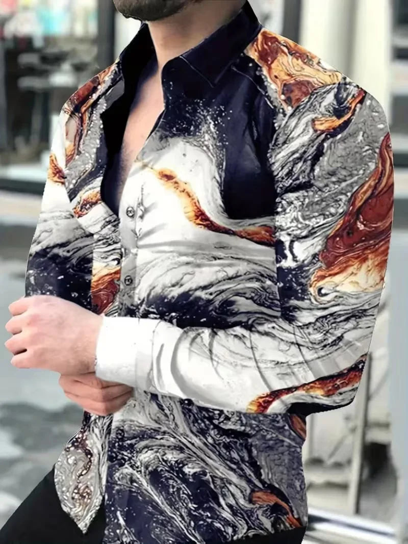 New light luxury palace style iris flower shirt 3D printed men's long sleeved shirt single breasted slim fit top