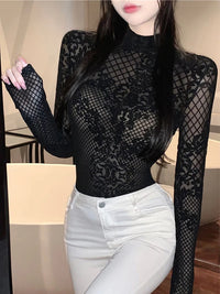Women Bodycon Bodysuit 2024 Korean Sexy Backless Mesh Bodycon Jumpsuits Chic Flocking Slim Bodysuit Streetwear Long Sleeve 39950