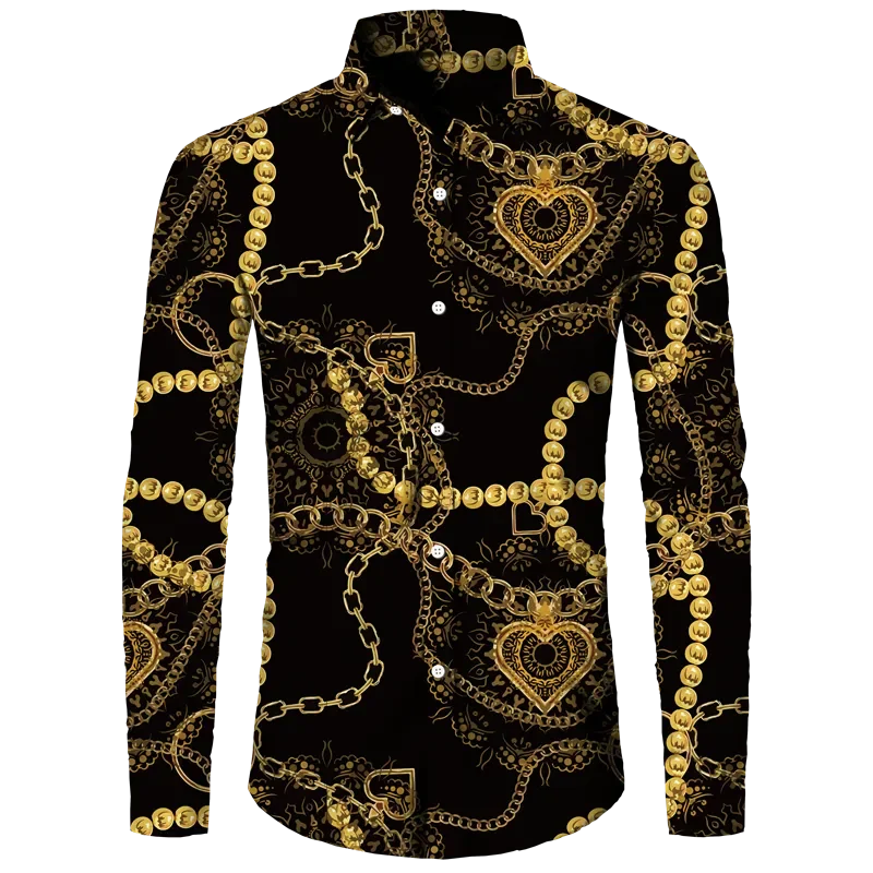 Fashion Luxury Golden Flower Print Men's Shirts Baroque Style Short/Long Sleeve Lapel Button Up Tops Social Hawai Party Cardigan