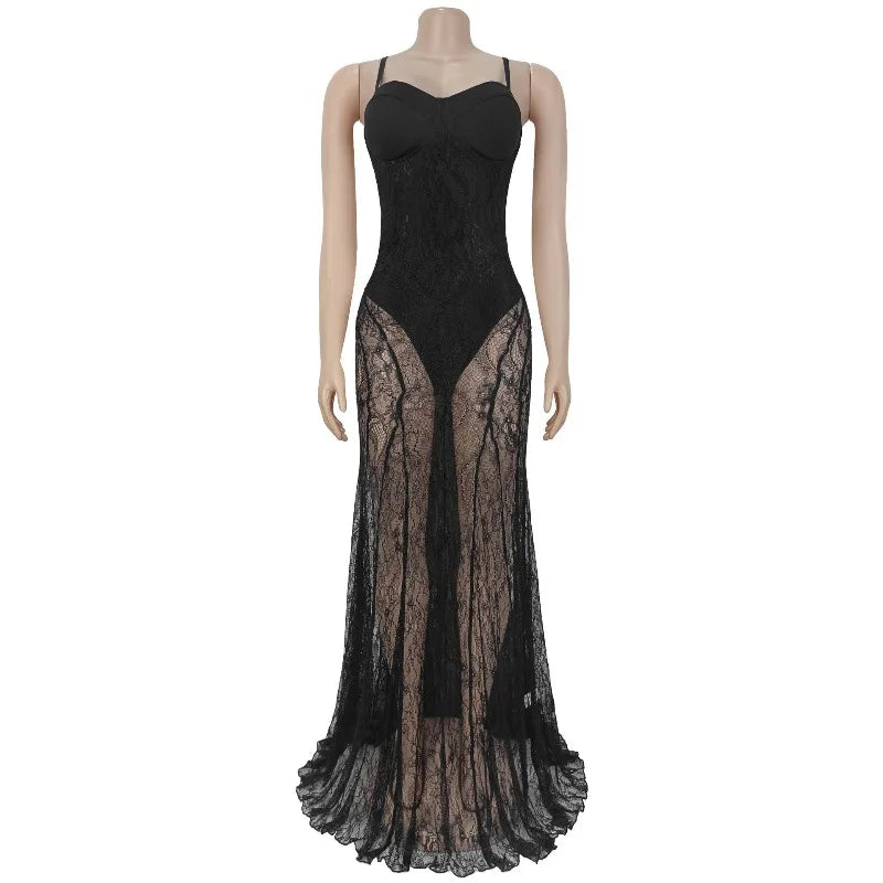 Sexy See Through Lace Mermaid Evening Dresses Women Wedding Nightclub Spaghetti Strap Strapless Club Party Long Dress Elegant