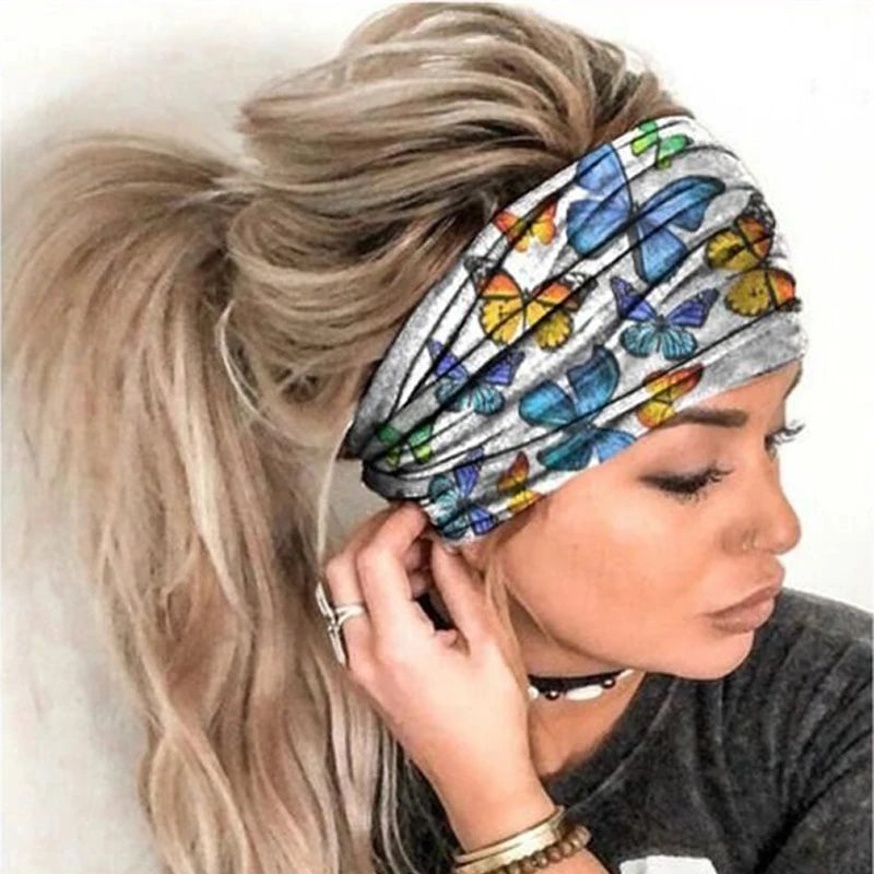 Europe and the United States cross-border popular elastic colorful butterfly printed wide-brimmed headband sports yoga headband