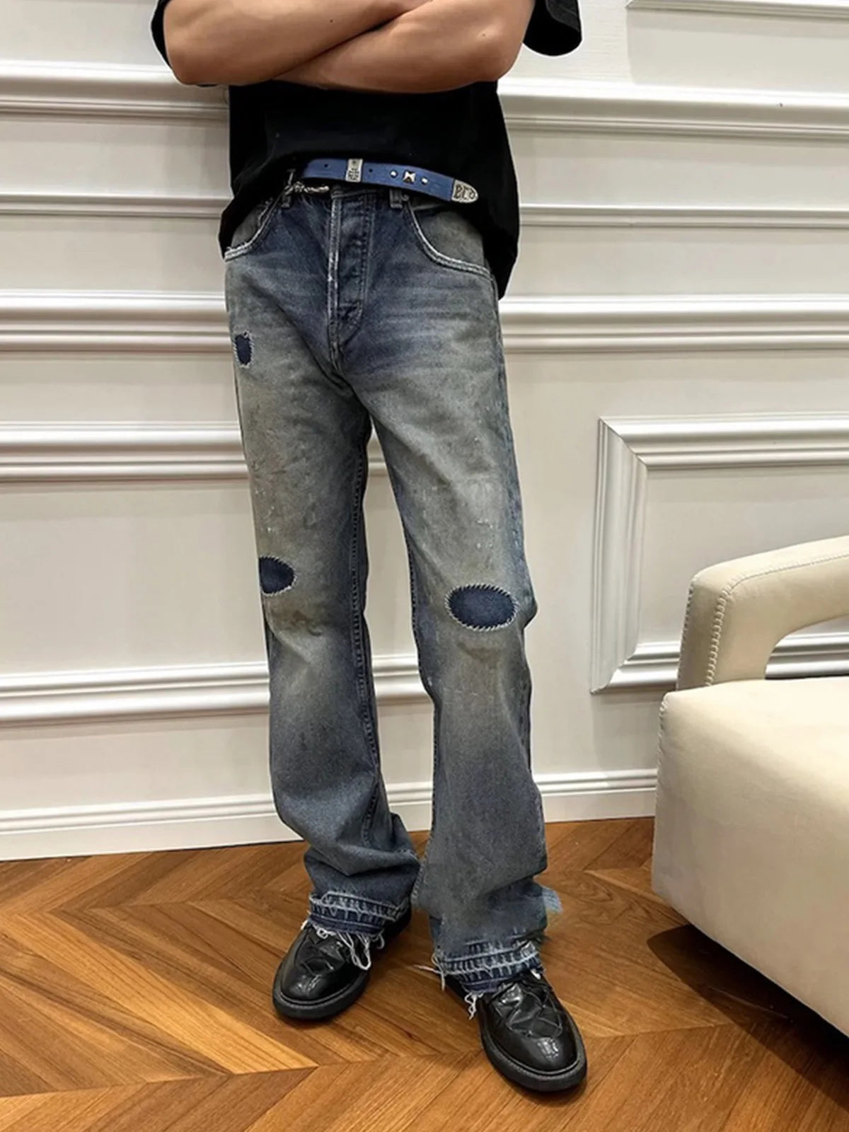 MIJKO Washed Frayed Vintage Jeans Pants Mens Straight Retro Casual Denim Trousers Cargos FJ069