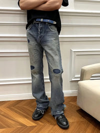 MIJKO Washed Frayed Vintage Jeans Pants Mens Straight Retro Casual Denim Trousers Cargos FJ069