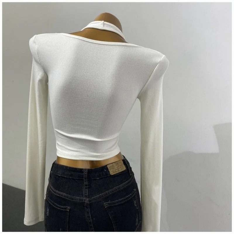 Women's Design Sexy Halter Fake Two Piece Top Metal Button Slim Long Sleeve T-shirt 2023 Spring Summer New  футболки