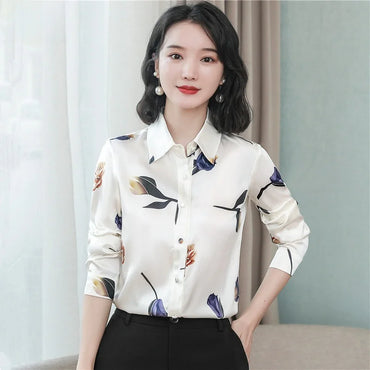Silk Printed Long Sve  Ne Women's irt Spring 2026 Slim Fit Faion Design Korean Sle Commute Wind Floral Pattern