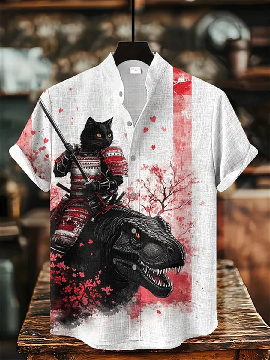 Men's Cat Print Short-Sleeve Shirt, Stand Collar Retro Casual Top, Breathable Slim Fit Shirt, Outdoor Casual Hawaiian Shirt