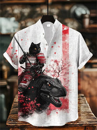 Men's Cat Print Short-Sleeve Shirt, Stand Collar Retro Casual Top, Breathable Slim Fit Shirt, Outdoor Casual Hawaiian Shirt