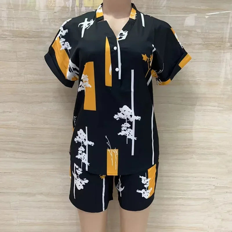African Fashion Streetwear Two Piece Set for Women Summer Outfits Printed Short Sleeve Shirt Top Short Sets Matching Sets