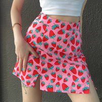 Pink Skirt Side Split Mini Skirts High Waist Woman Fashion Strawberries Print Sexy Skinny Summer Skirt 2000s Y2k Streetwear Chic