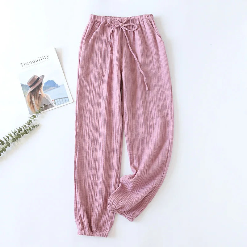 Japanese-style New Spring And Summer Women's Trousers 100% Cotton Crepe Cloth Large Size Color Tie Pants Casual Pants Home Pants