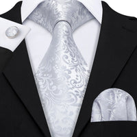 Barry.Wang Black White Gray Silver Men Tie Handkerchief Cufflinks Set Jacquard Necktie for Male Wedding Business Party Gift