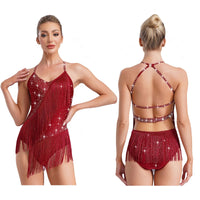 Women Latin Dance Leotard Sleeveless Halter Neck Rhinestones Adorned Backless Tassels Leotard for Performance Competition