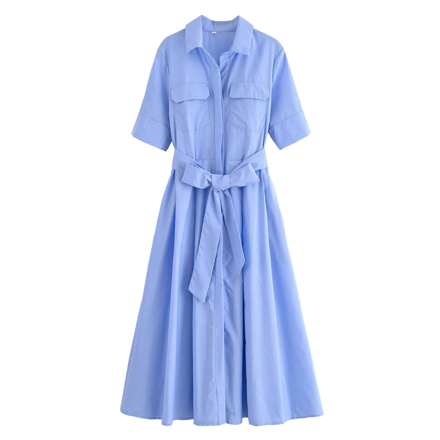 HH Women Fashion Lapel Short Sleeve Pocket Single-Breasted Belt Decorate Midi Dress Female Summer Elegant Slim Pleated Dress