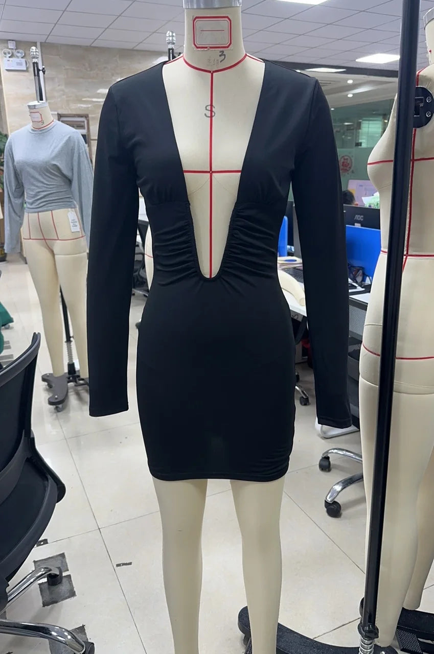 Women's Long Sleeve Dress Slim Fit Stylish Solid Color Deep V Neck Mini Bodycon Dress for Fall