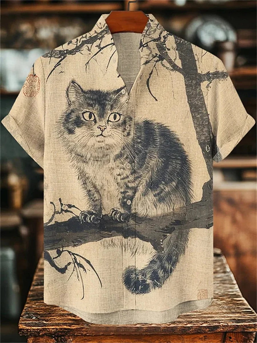 Men's Cat Print Short-Sleeve Shirt, Stand Collar Retro Casual Top, Breathable Slim Fit Shirt, Outdoor Casual Hawaiian Shirt