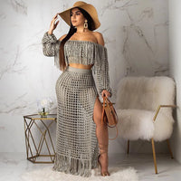 Skirt 2 Piece Set Women Beach Long Skirts Suit Top Off Shoulder Tassels Sexy Hollow Out Ensemble 2025 Summer Female Outfits