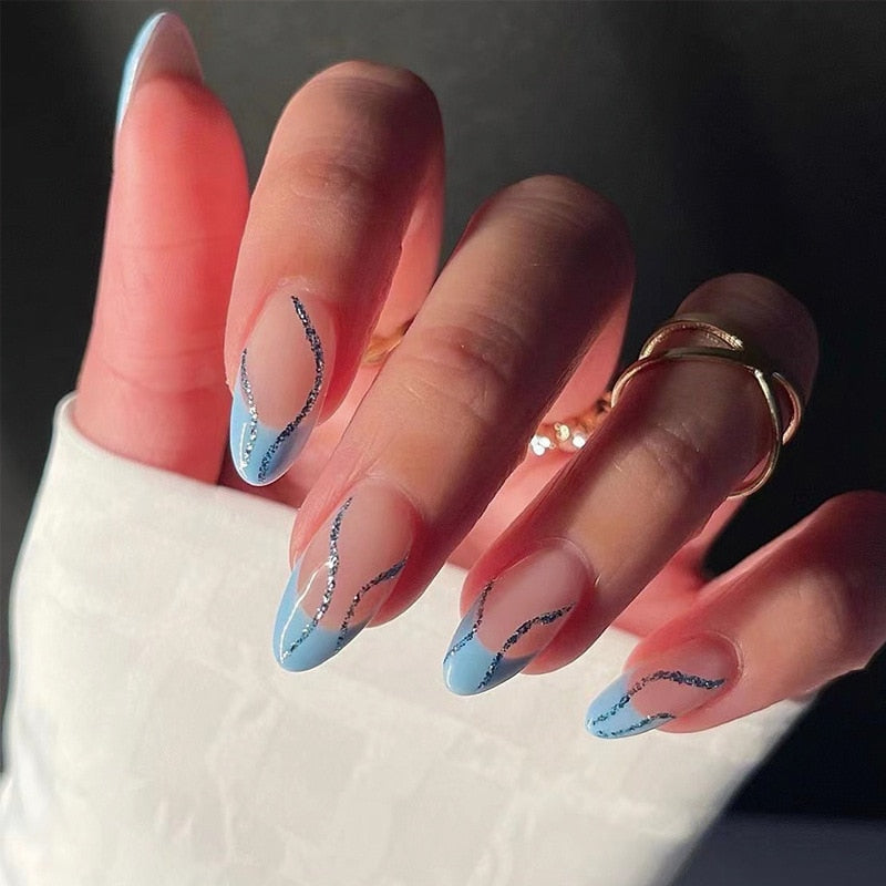 24Pcs Long Round Head Black Glod Line Press On Nail Art Removable Fake Nails With Glue Full Cover Waterproof False Nails