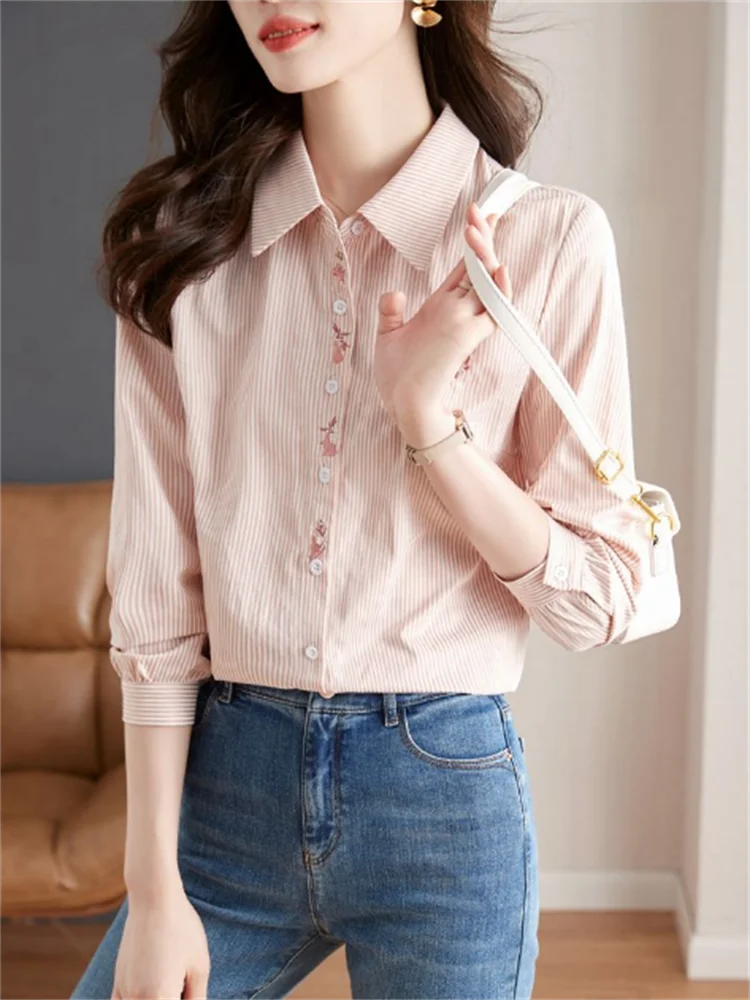Spring Women Blouses Embroidered Shirt Pink Tops For Woman Clothes Blous Striped Shirt Cardigan Blouses Laple Long Sleeve Shirt