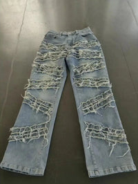 Y2K 90s Street Style Women's Vintage Fringed Distressed Flare Jeans - High Stretch Unique Tassel Design Hip Hop Fashion for All
