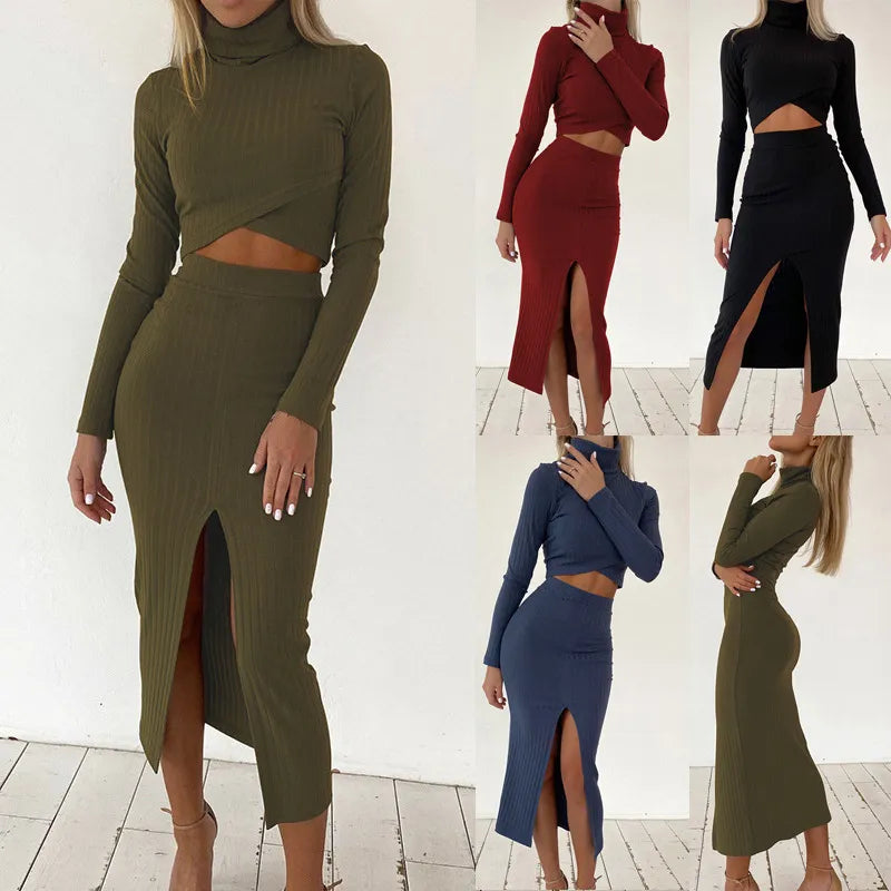 2022 Women's Solid Color Knitted Ribbed Cross Short Top and Split Skirt Suit Split Pleated Skirt Long Sleeve Suit Ladies Autumn