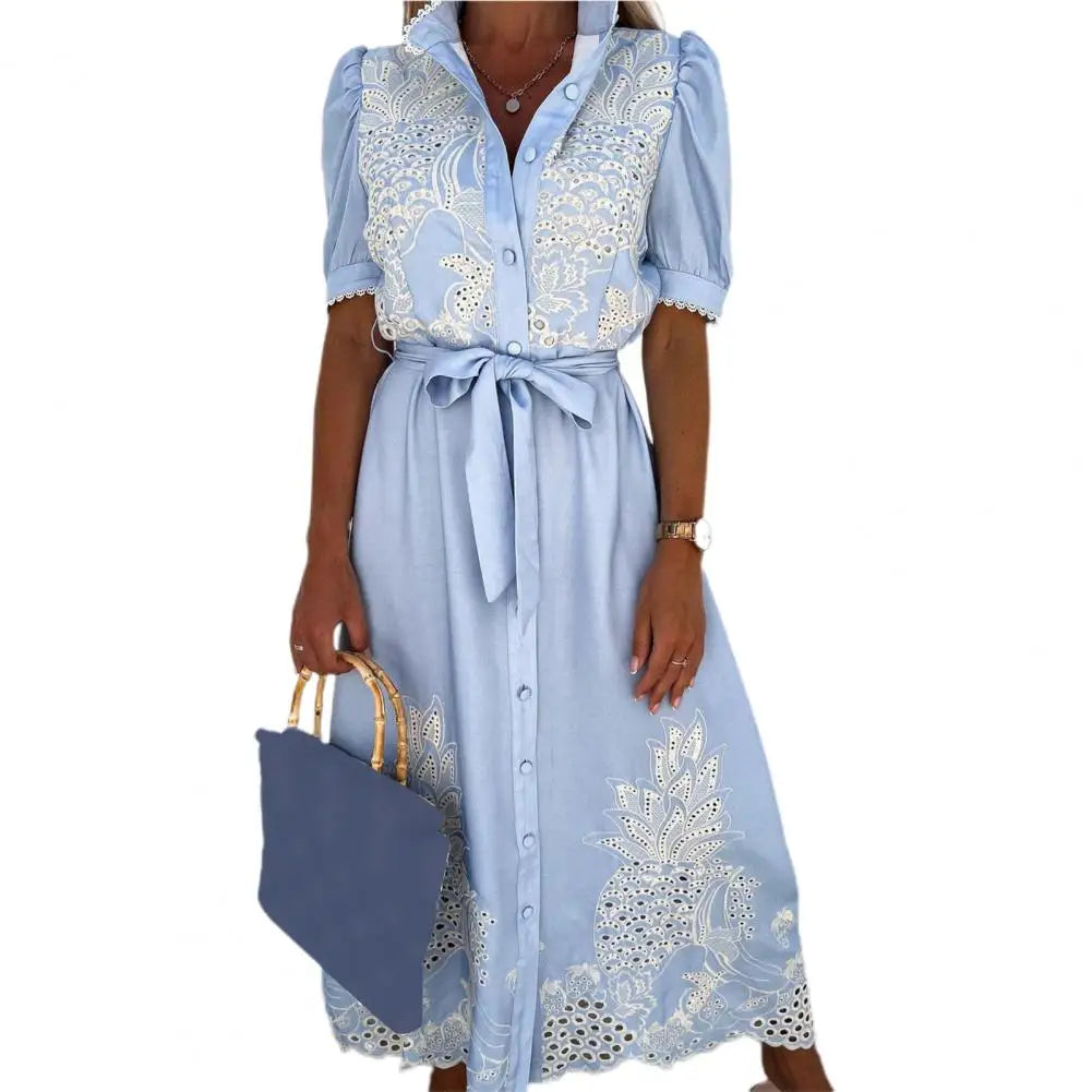 Lace-up Women Shirt Dress 2024 Summer Elegant Single Breasted Puff Sleeve Maxi Dress Vestidos Bohemian Sundress Party Robe