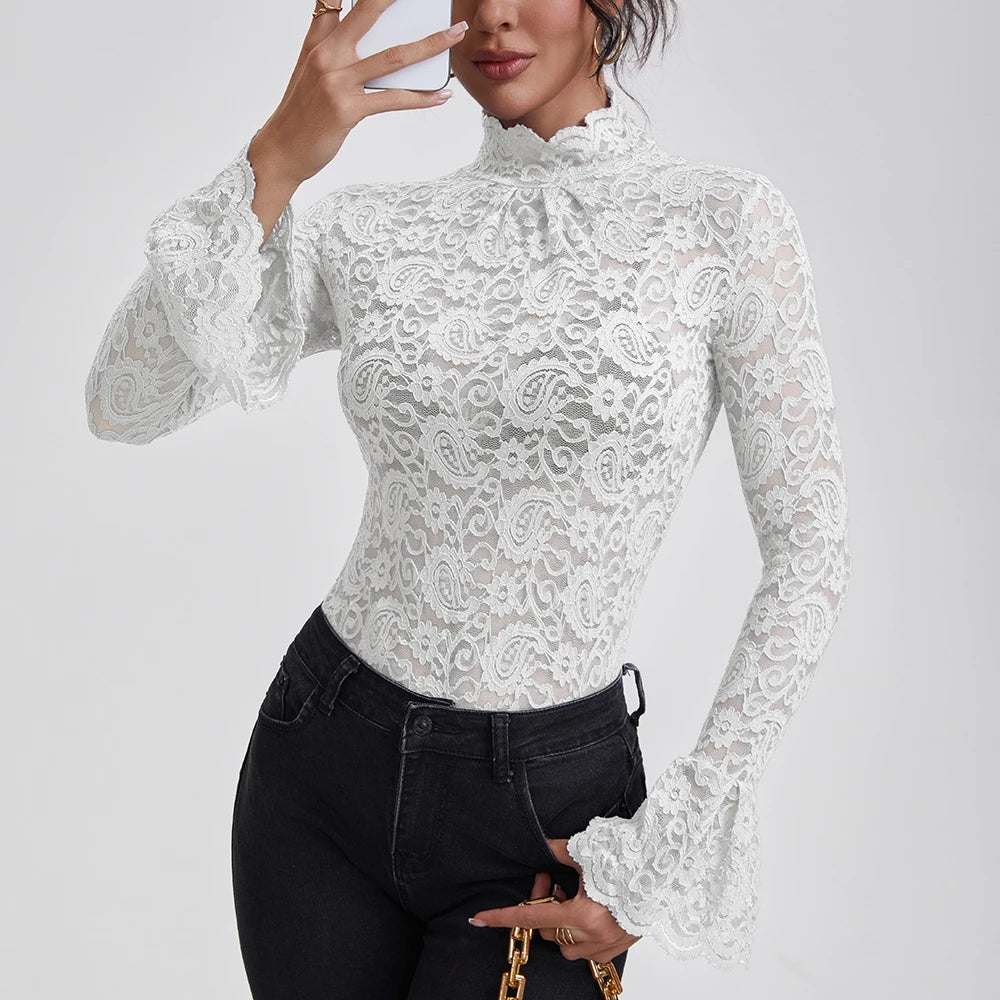 Anfilia Women Lace Shirts Turtle Neck Elegant Flare Long Sleeves Hollow Out Slim-fit Crochet Sexy Blouse