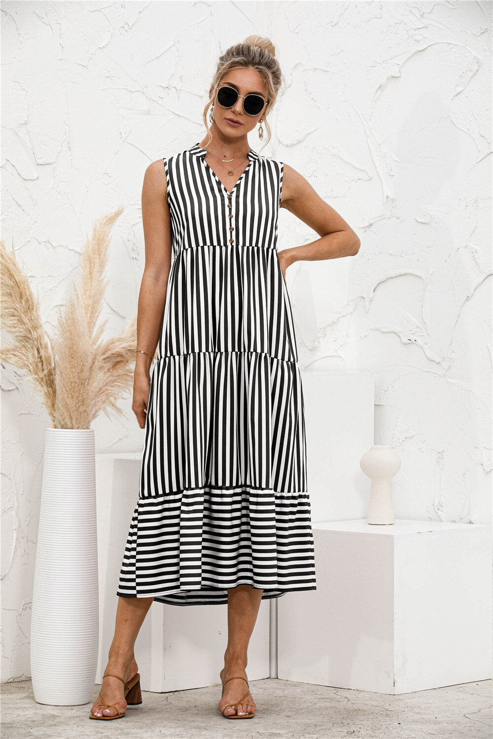 Women Elegant Striped Lantern Sleeve Summer Dress Causal V-neck Button Ruffles Midi Dress 2023 Women Beach Holiday Party Dress