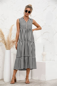 Women Elegant Striped Lantern Sleeve Summer Dress Causal V-neck Button Ruffles Midi Dress 2023 Women Beach Holiday Party Dress