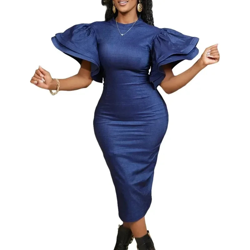 Jean Bodycon Dress African Dresses for Women Elegant Flare Sleeve Long Package Hip Skirt Plus Size Robe Femme African Clothes