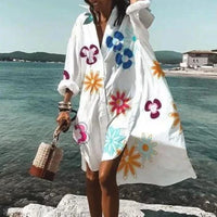 Spring Summer Women Loose Shirt Dress Casual Long Sleeve Printed V Neck Beach Shirt Dresses