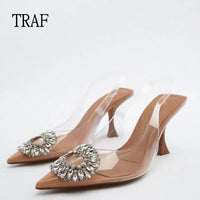 TRAF Women Pumps 2023 Summer Fashion Rhinestone Transparent High Heels Sexy Muller Heeled Luxury Brand Female Elegant Sandals