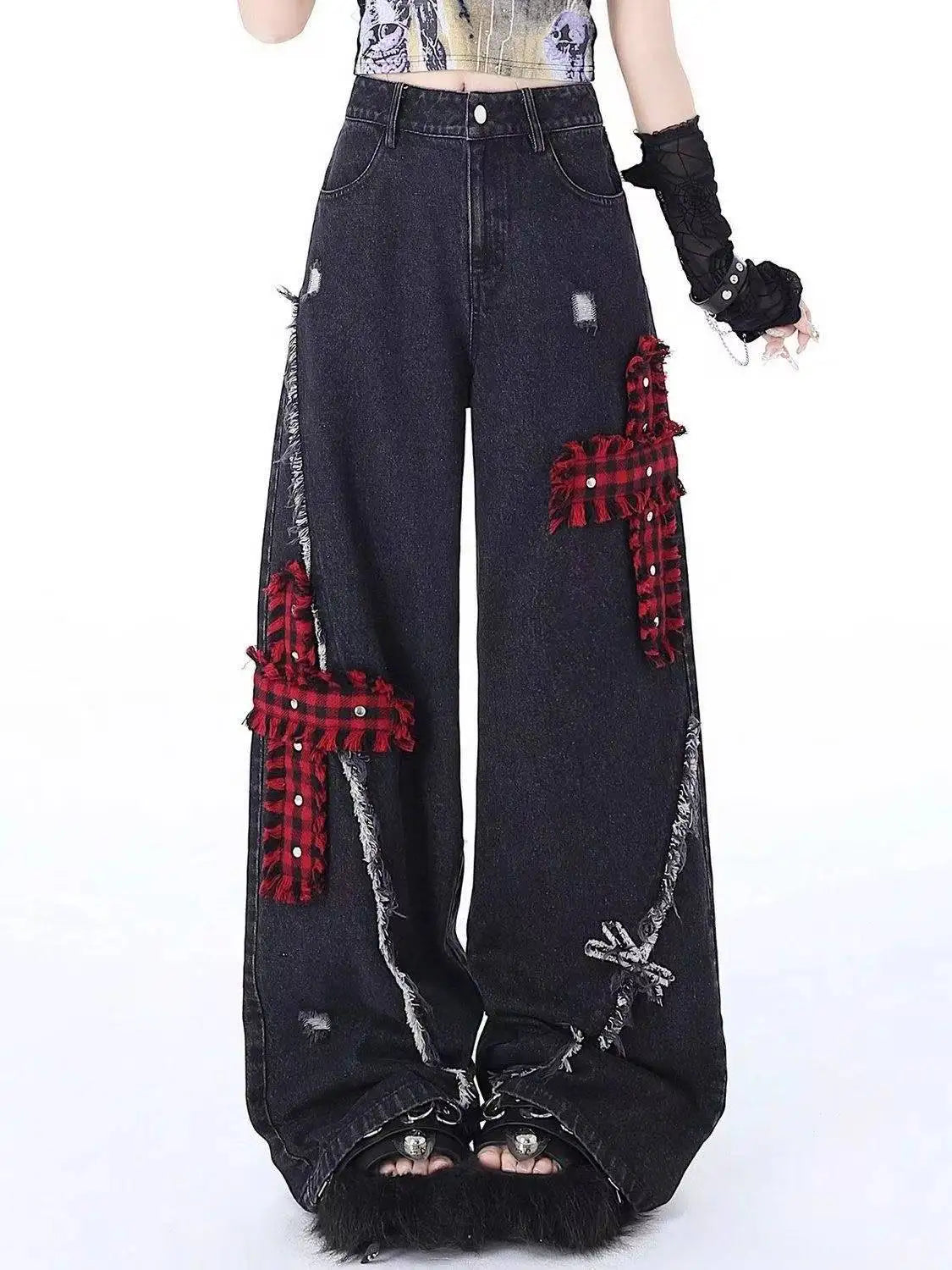 Women's Black Gothic Baggy Jeans Harajuku Y2k Aesthetic Print Denim Trousers Korean Jean Pants Vintage 2000s Clothes Design