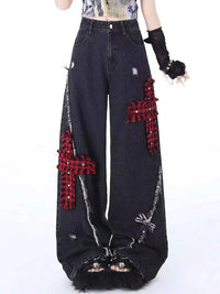 Women's Black Gothic Baggy Jeans Harajuku Y2k Aesthetic Print Denim Trousers Korean Jean Pants Vintage 2000s Clothes Design
