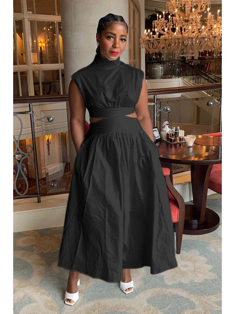 Summer Dresses 2025 Mock Neck Sleeveless Cutout White Maxi Dresses A-Line Elegant Pockets Casual Party Hollow Out Long Dress