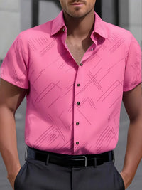 Men's Geometric Print Business Casual Short Sleeve Button-Up Shirt - White with Black Geometric Pattern Polyester 100%