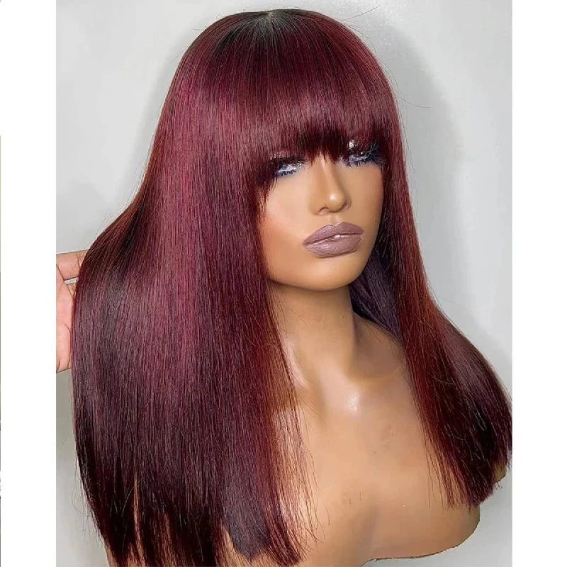 99J Short Straight Human Hair Wigs With Bangs Raw Vietnamese Red Colored Bob Glueless Wig Human Hair For Women On Sale Clearance
