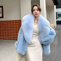 Furyoume Winter Women Real Rex Rabbit Fur Coat Thick Warm Natural Fur Jacket With Fox Fur Collar Luxury Chinchilla Overcoat