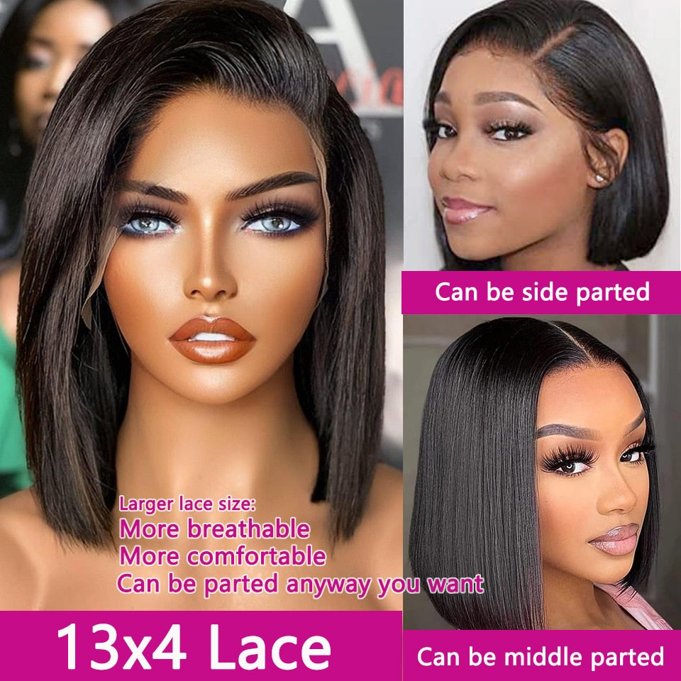 Straight Bob Wig Short Bob Lace Front Human Hair Wig For Black Women Bone Straight 180% Density Brazilian Hair with 4X4 Closure