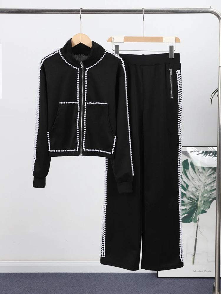 Women's Pants Set Round-Neck Tops Pearl-Trim Wide-Leg Fashion Oversized Elegant 2-Piece Outfit Spring New Fashion Woman Clothes