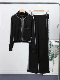 Women's Pants Set Round-Neck Tops Pearl-Trim Wide-Leg Fashion Oversized Elegant 2-Piece Outfit Spring New Fashion Woman Clothes