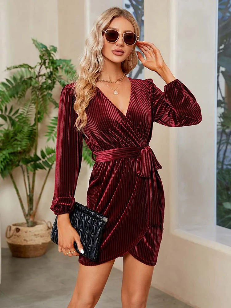 2023 Autumn Red Velvet Dress Women Long Sleeve V-neck Wrap Dress Mini Mega Mart Center 2023 Autumn Red Velvet Dress Women Long Sleeve V-neck Wrap Dress Mini Mega Mart Center