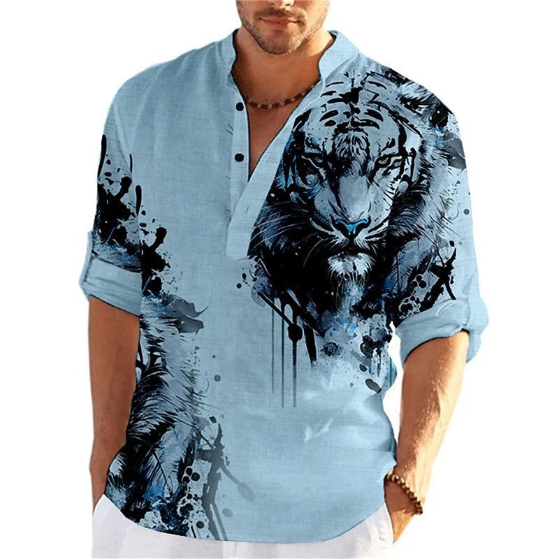 Men's 3D Button Shirt T-shirt Summer New Fashion Personalized Graffiti Standing Collar Casual Long sleeved Shirt Extra Large