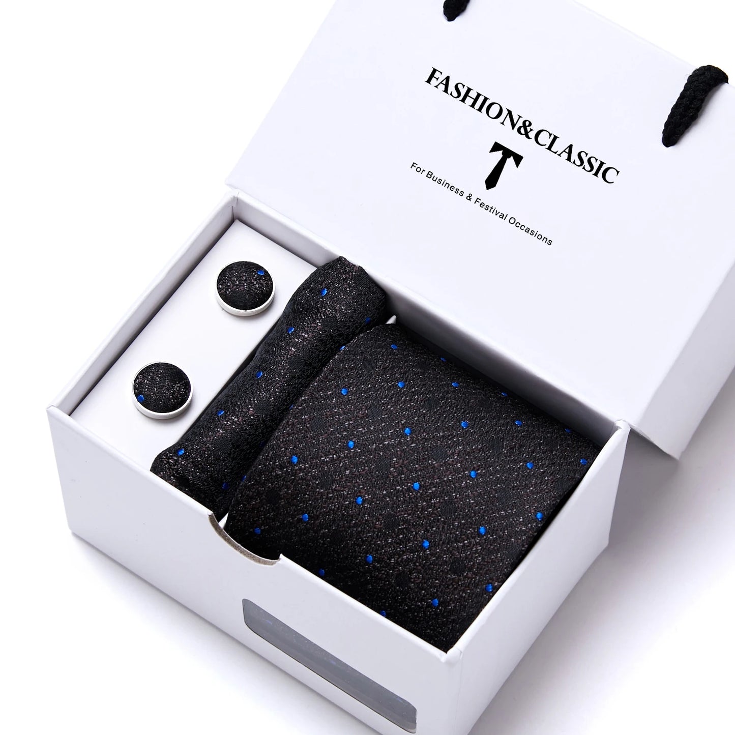 High Quality 7.5 cm Stripe Blue Tie Pocket Square Cufflinks Set For Men Gift Box Wedding Gravatas Fit Workplace